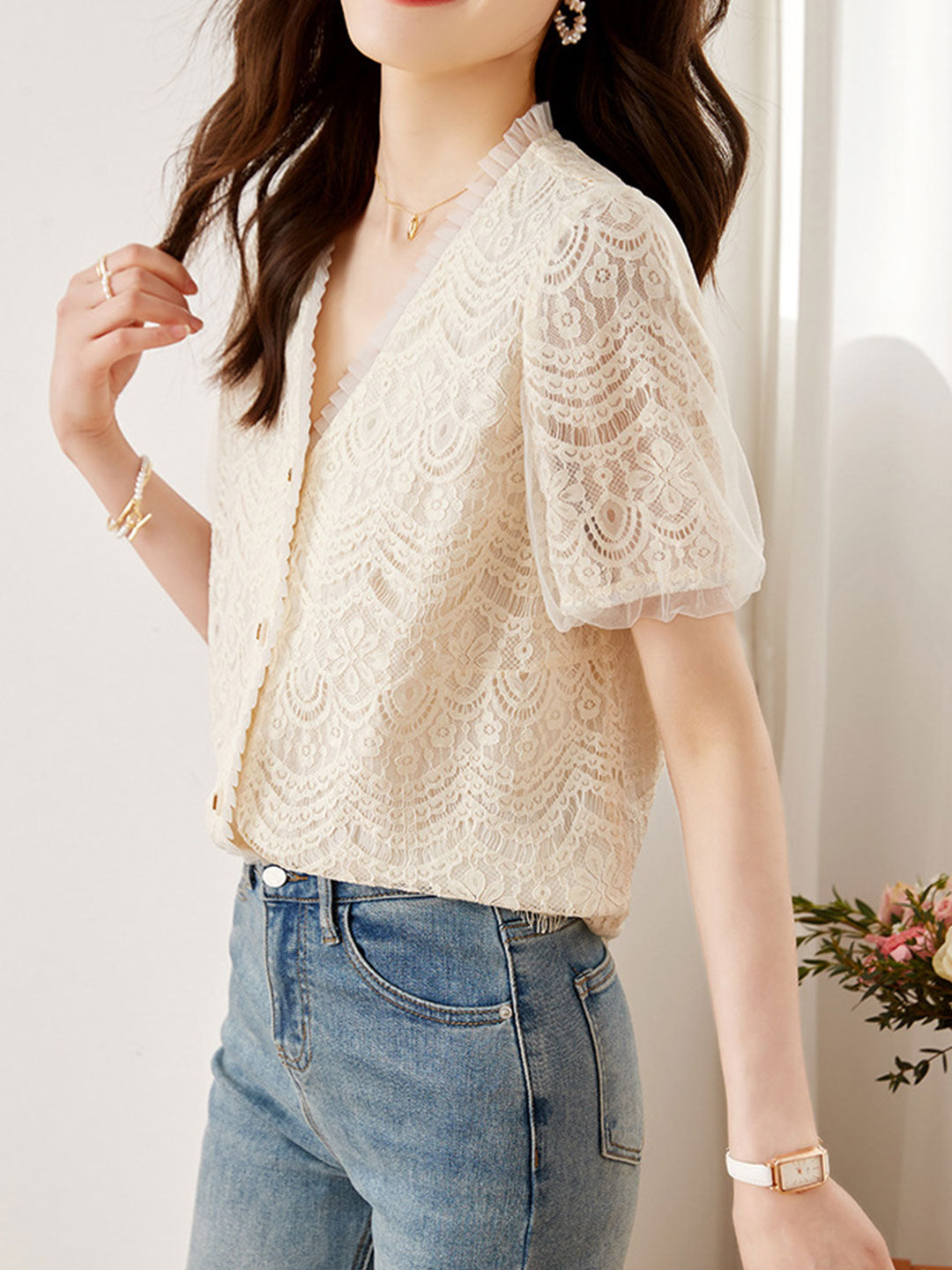 Isabella Retro Lace Printed Chiffon Top