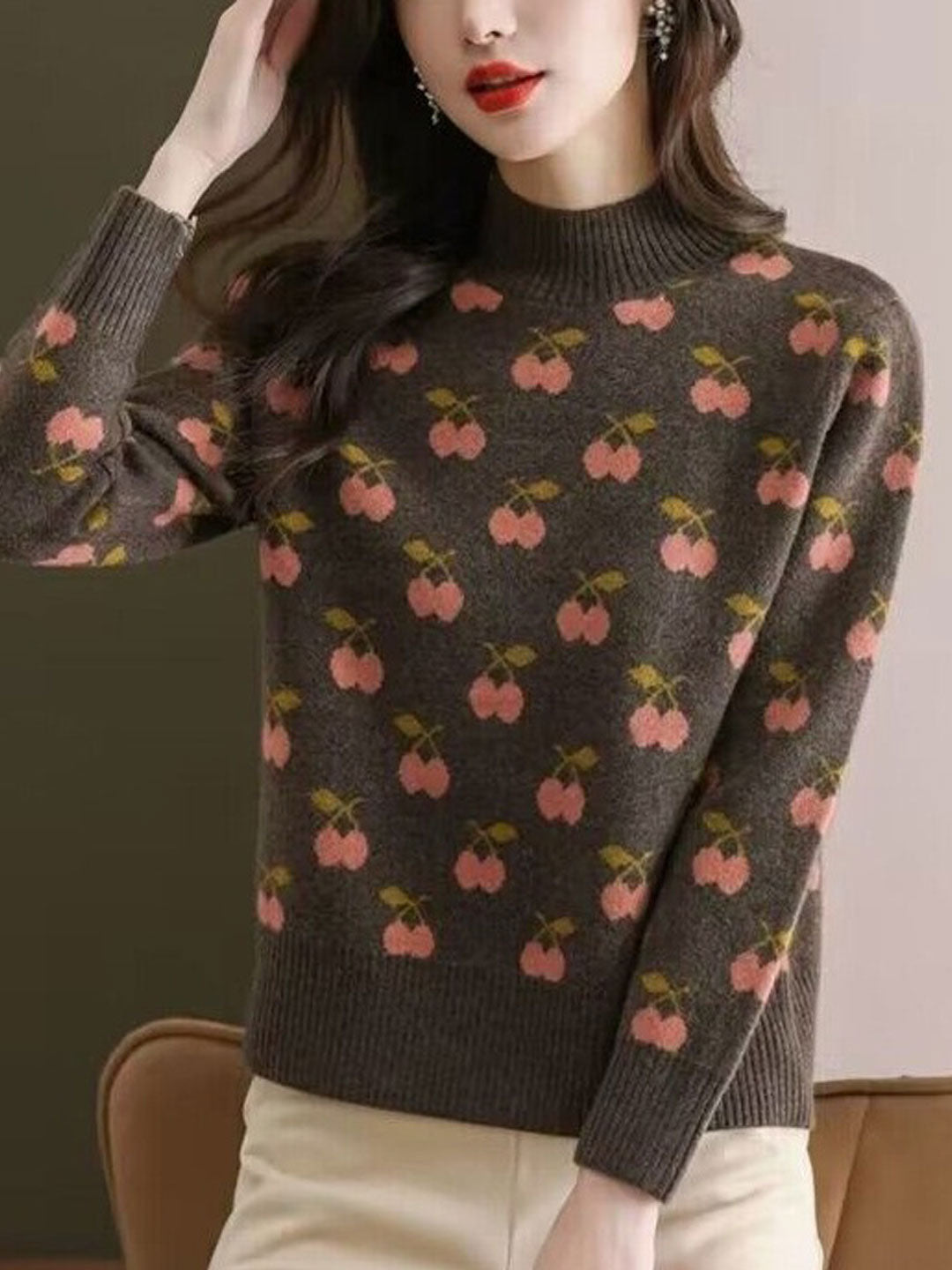 Abigail Retro Turtleneck Jacquard Knitted Pullover Sweater