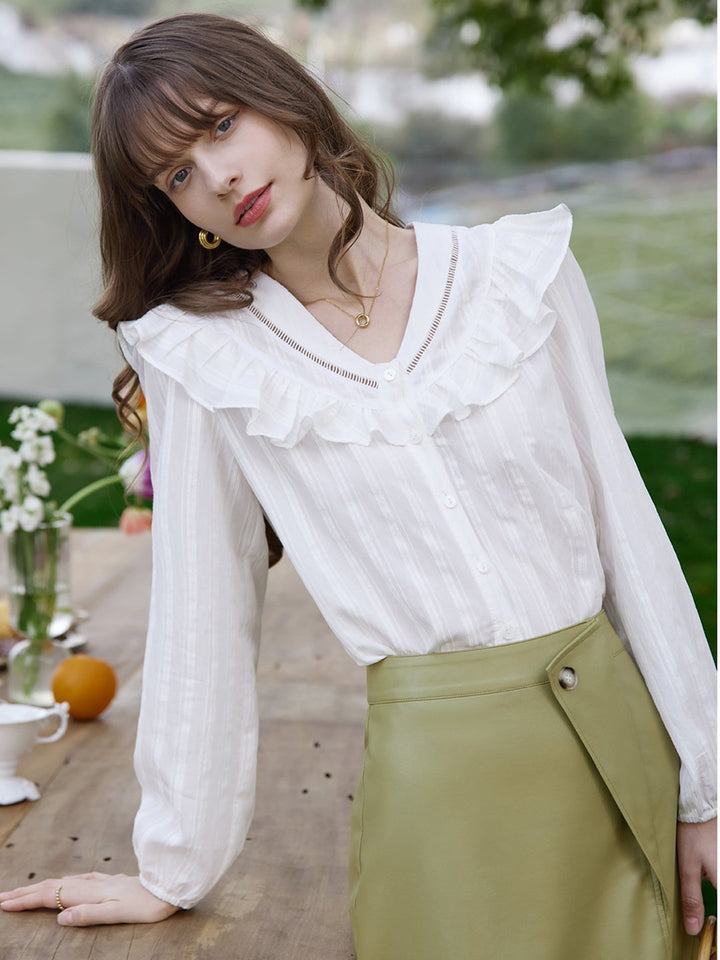 Cora Casual Lace Cotton V-Neck Blouse