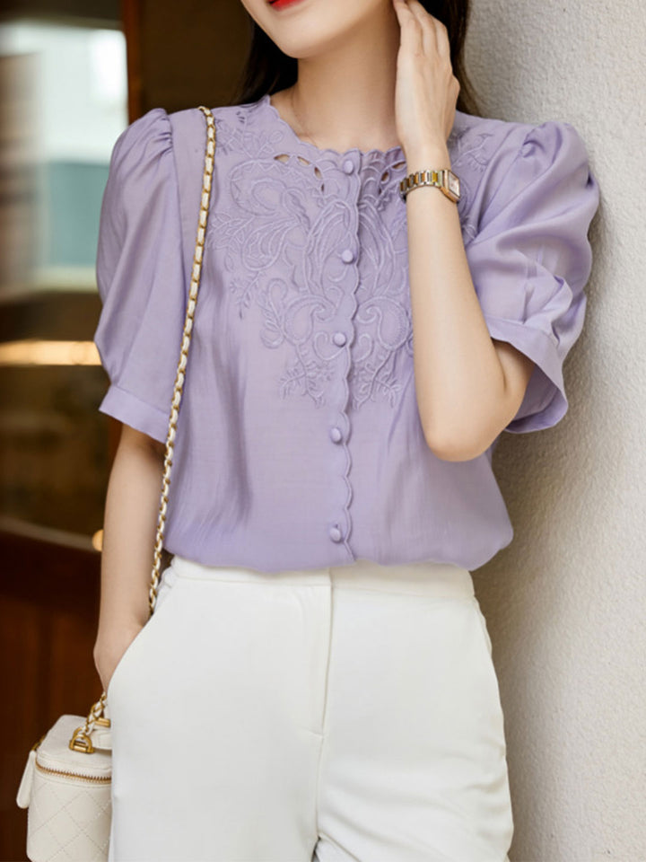 Trinity Retro Embroidered Hollowed Shirt-Purple