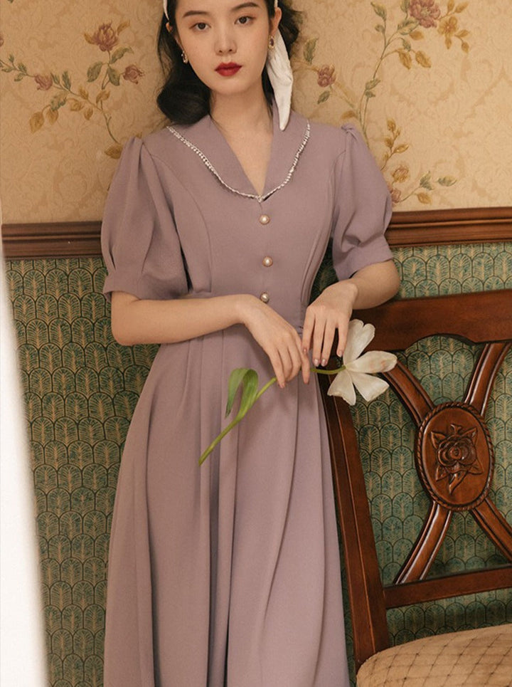 Raya Elegant Lantern Sleeve V-Neck Midi Dress