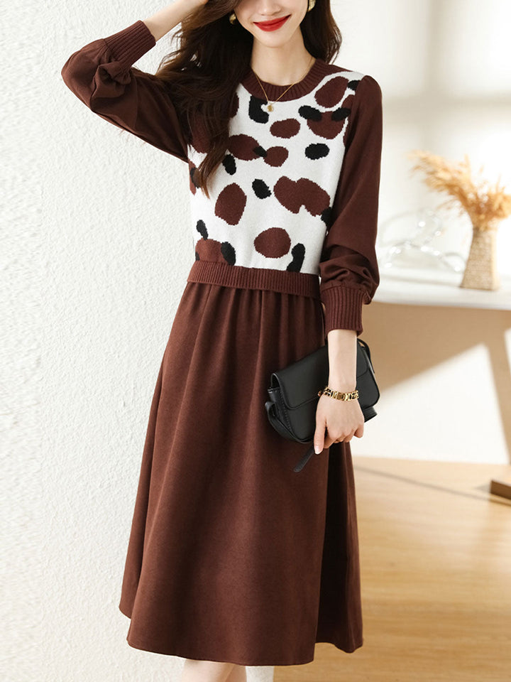 Olivia Classic Waist Puff Sleeve Patchwork Sweater Dress Set