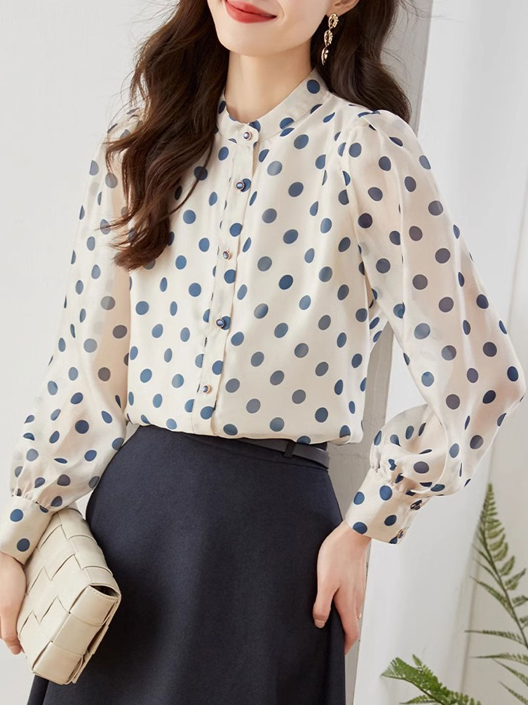 Alexis Retro Polka Dot Printed Chiffon Shirt-Blue