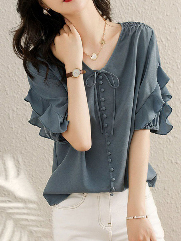 Ava Classic Ruffled Chiffon Top-Blue