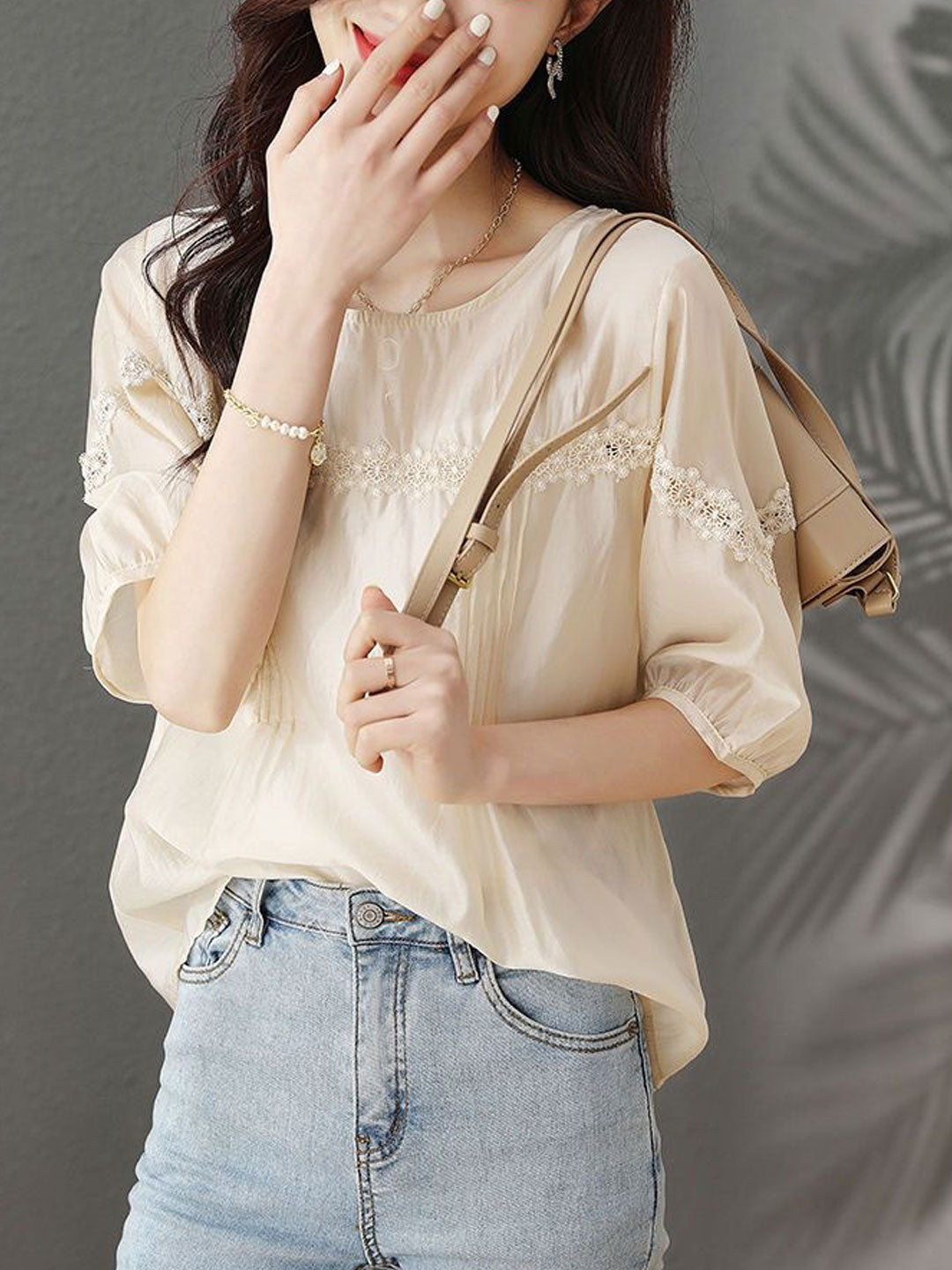 Audrey Loose Puff Sleeve Lace Hollowed Blouse