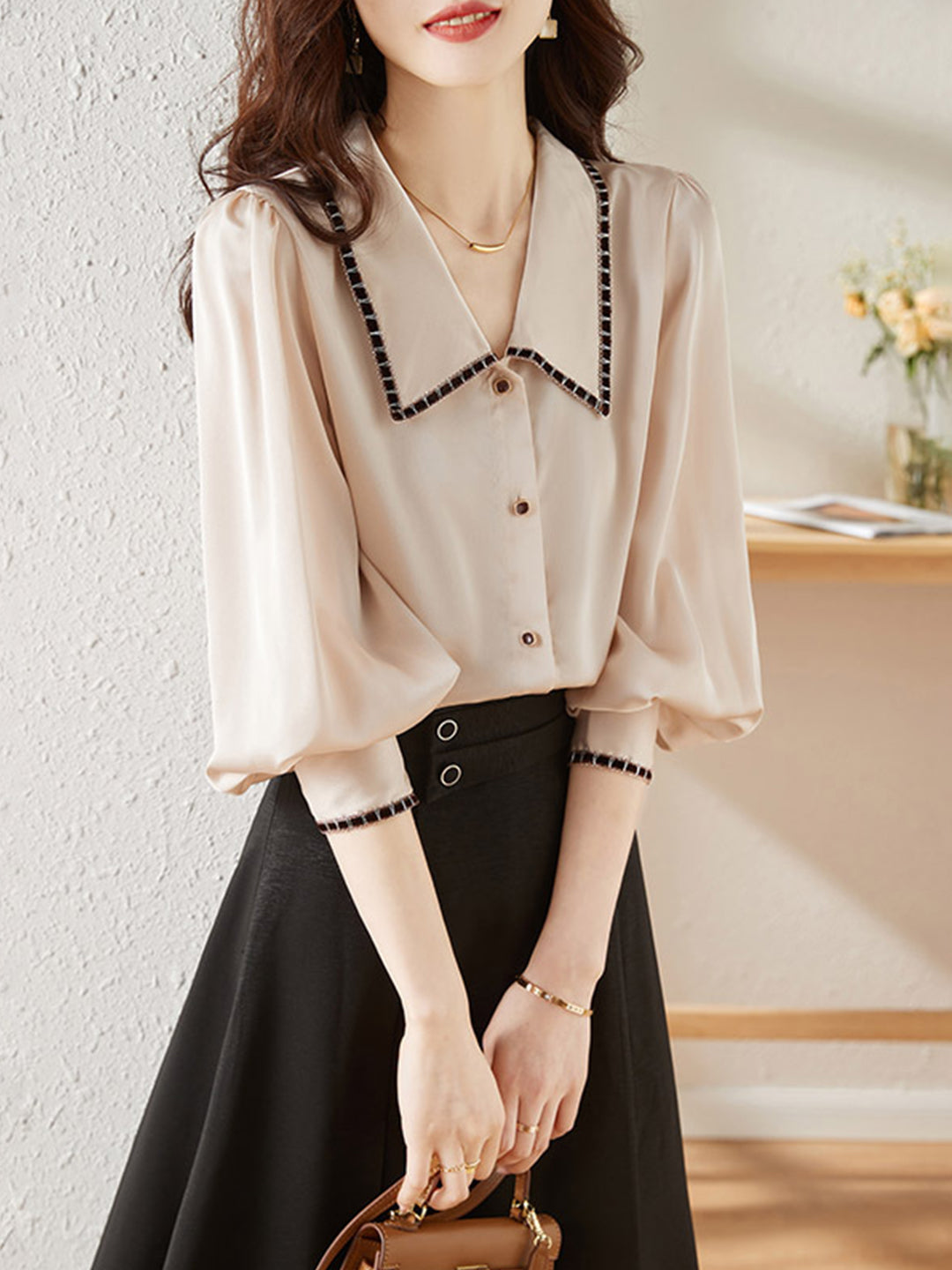 Elvira Casual Doll Collar Chiffon Blouse-Pink