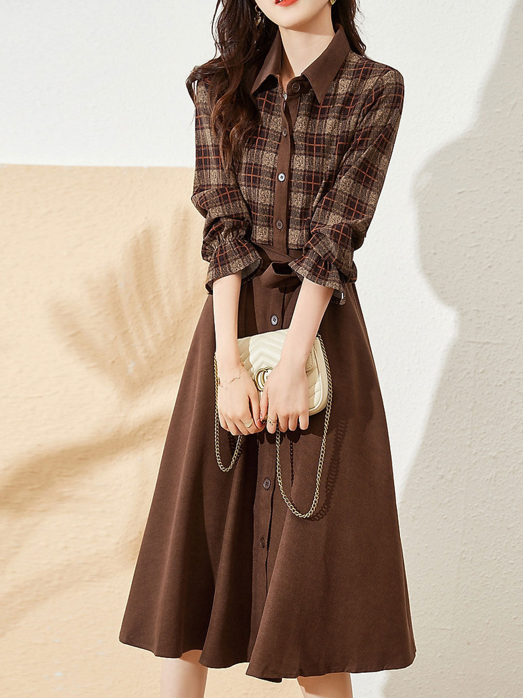 Ava Classic Lapel Plaid Panel Midi Dress