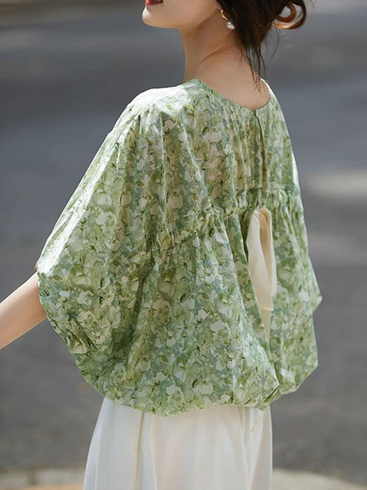 Maya Casual Back Bow Printed Blouse-Green