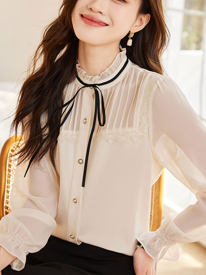 Chloe Vintage Ruffle Bow Collar Chiffon Blouse