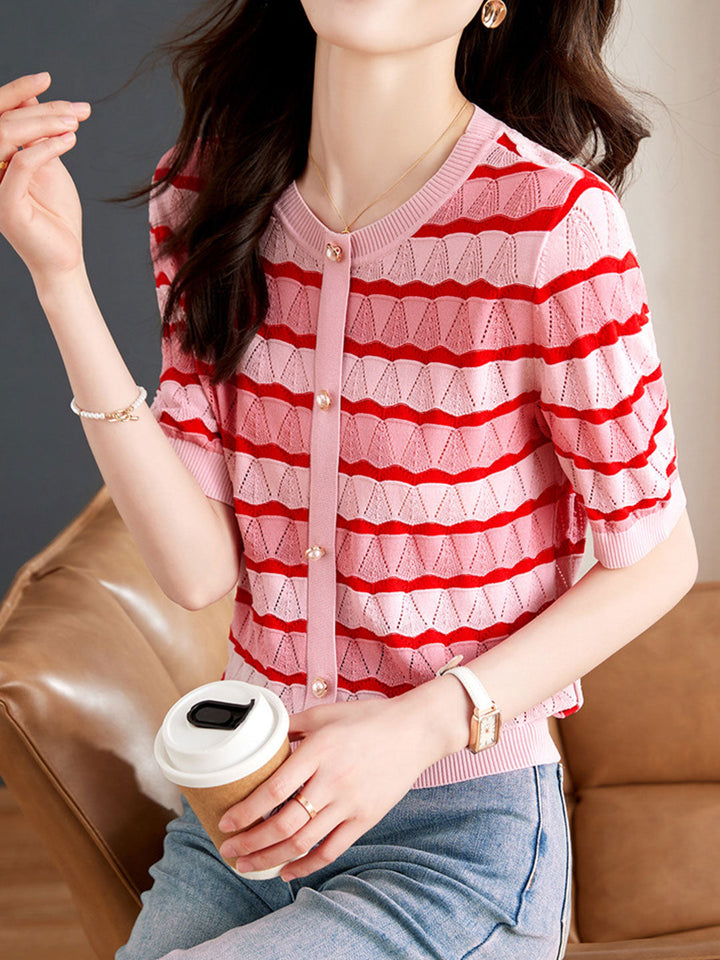 Kayla Casual Multicolored Stripe Hollowed Top