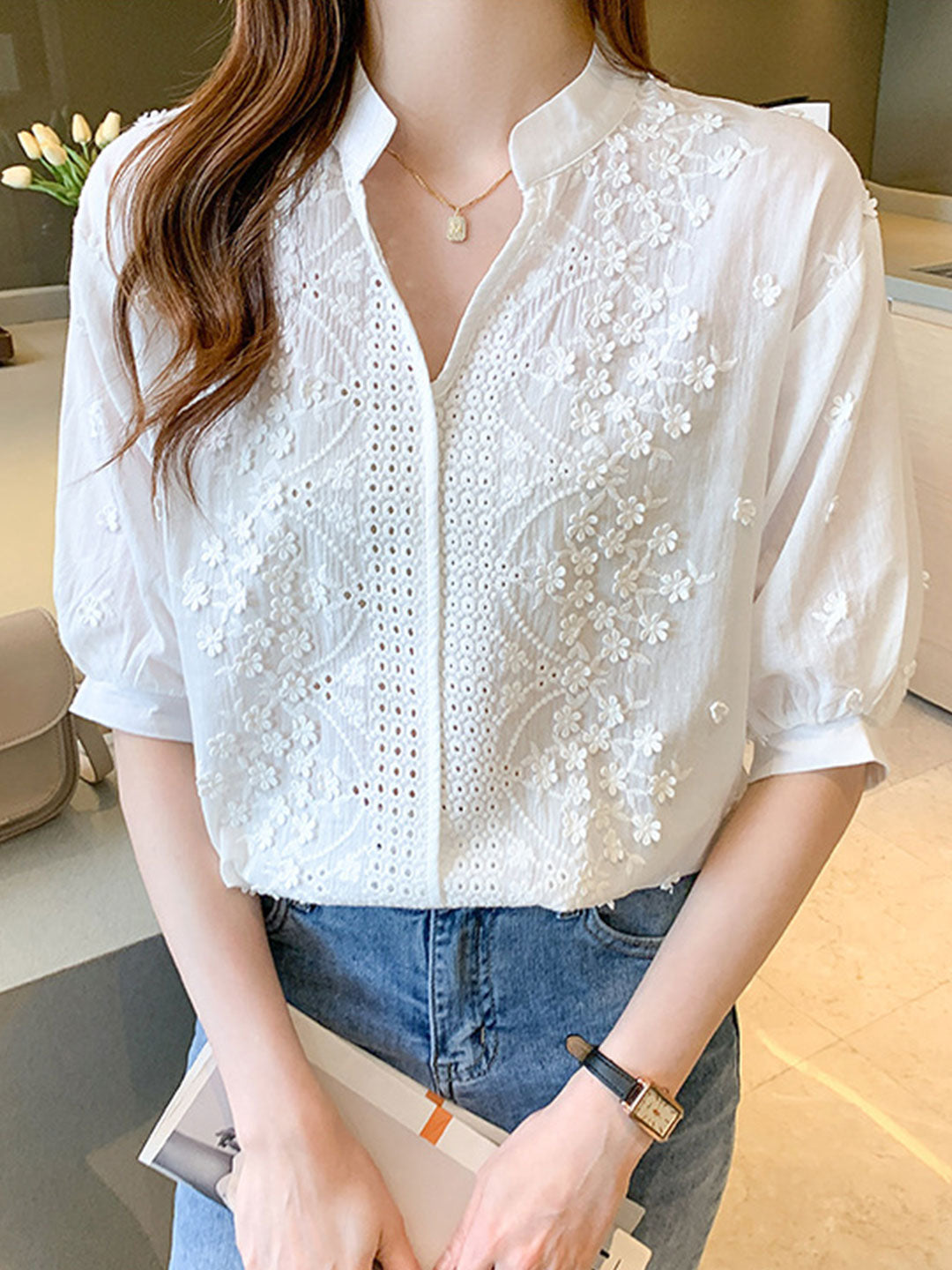 Alexa Embroidered Jacquard Lace Shirt