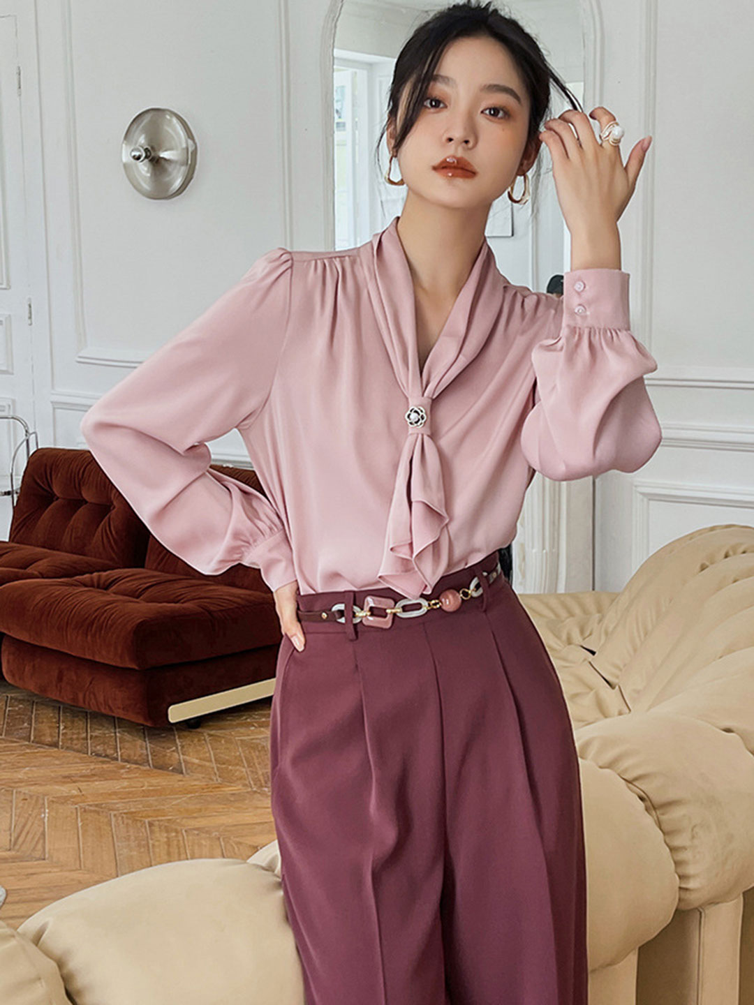 Gail Freda French Style Elegant Streamer Chiffon Shirt