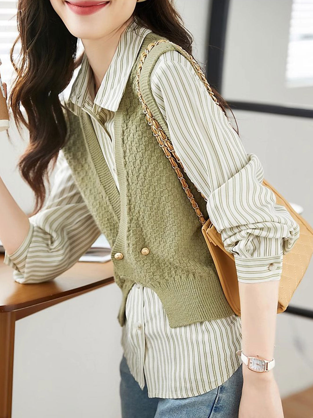 Jessica Elegant Striped Shirt Knitted Vest Set