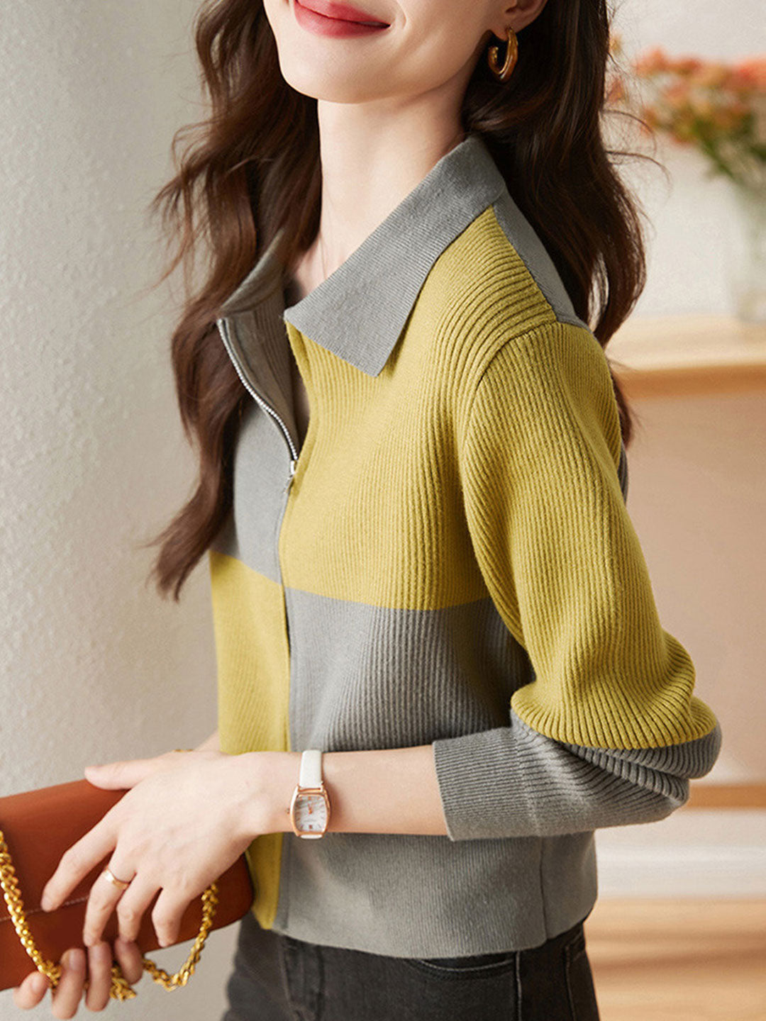 Sarah Classic Contrast Color Lapel Sweater