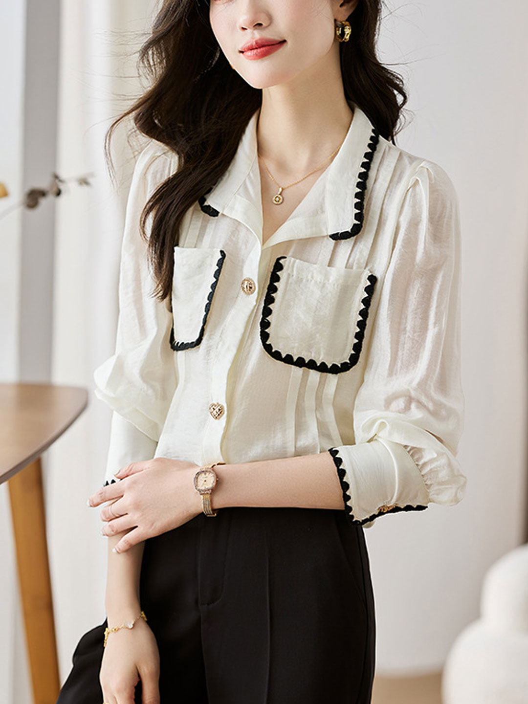 Sophia Retro Lapel Patchwork Shirt