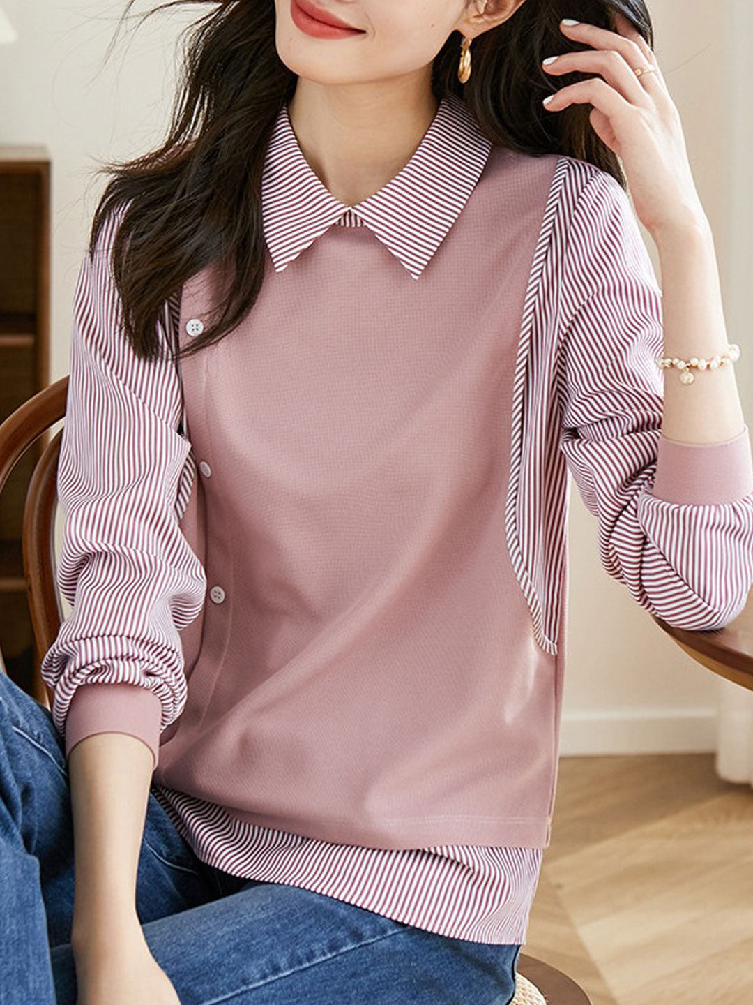 Olivia Casual Lapel Striped Textured Sweatshirt