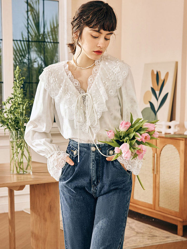 Eva Retro V-neck Slim Lace Blouse