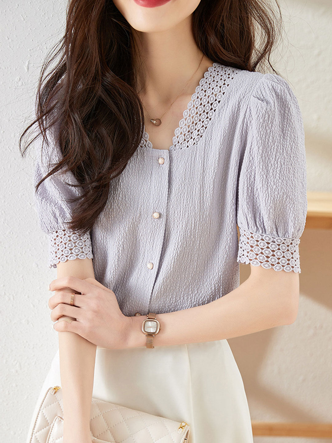 Sydney Elegant Hollowed Button Top-Purple