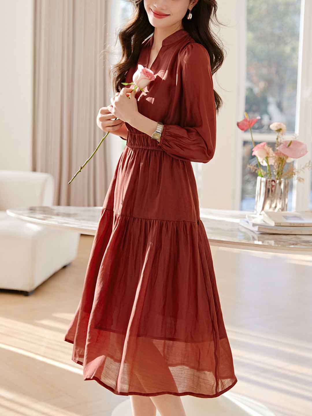 Zoey Elegant V-Neck Waist Chiffon Dress