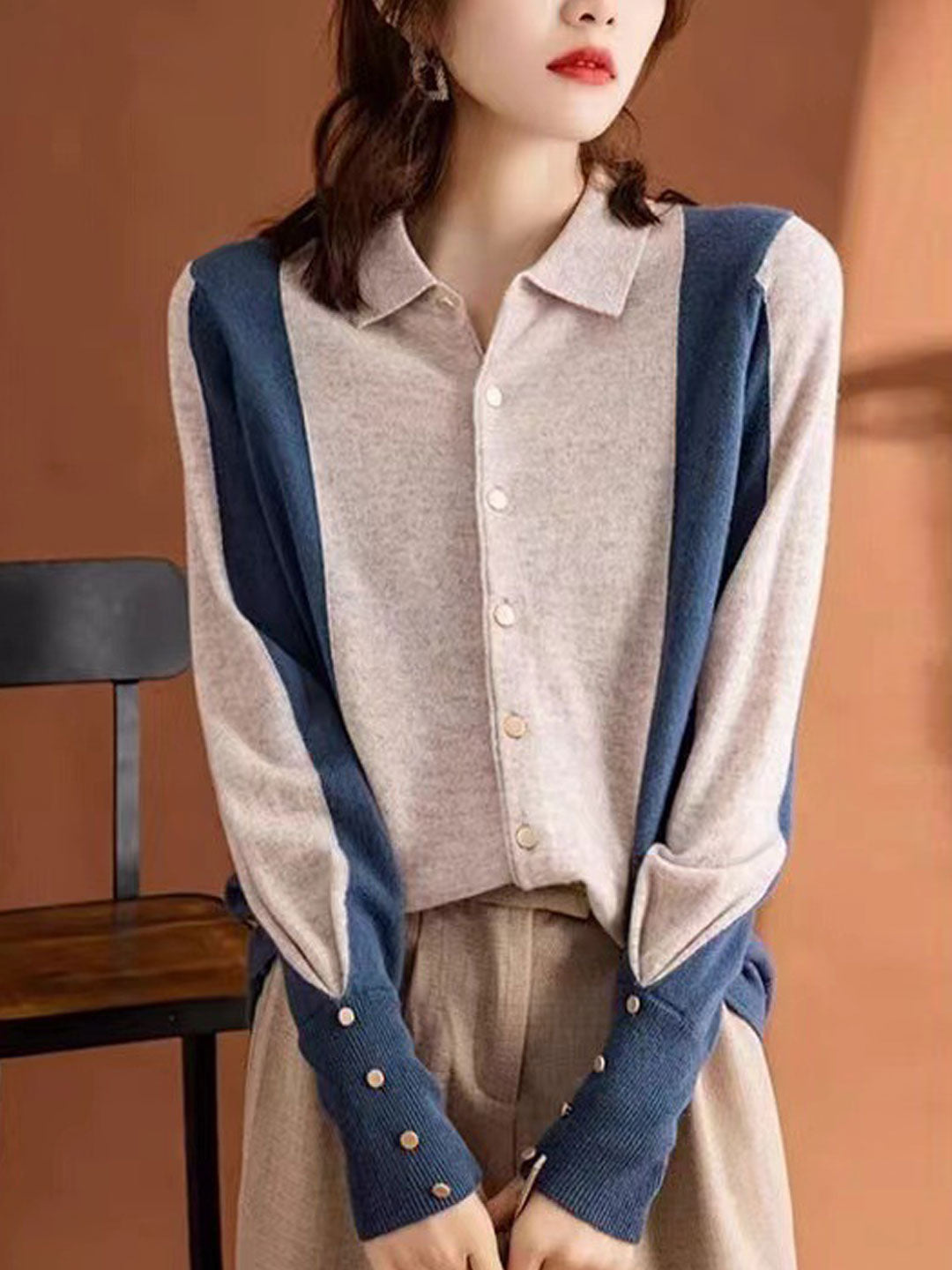 Grace Casual Lapel Contrast Knitted Cardigan