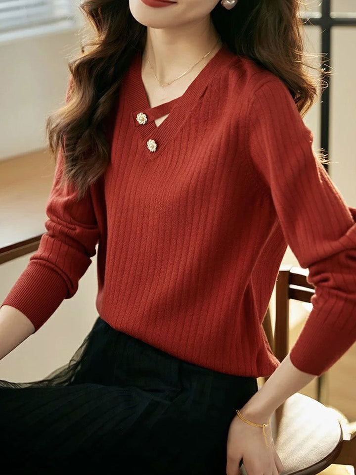 Olivia Elegant V-Neck Hollowed Pullover Knitted Sweater