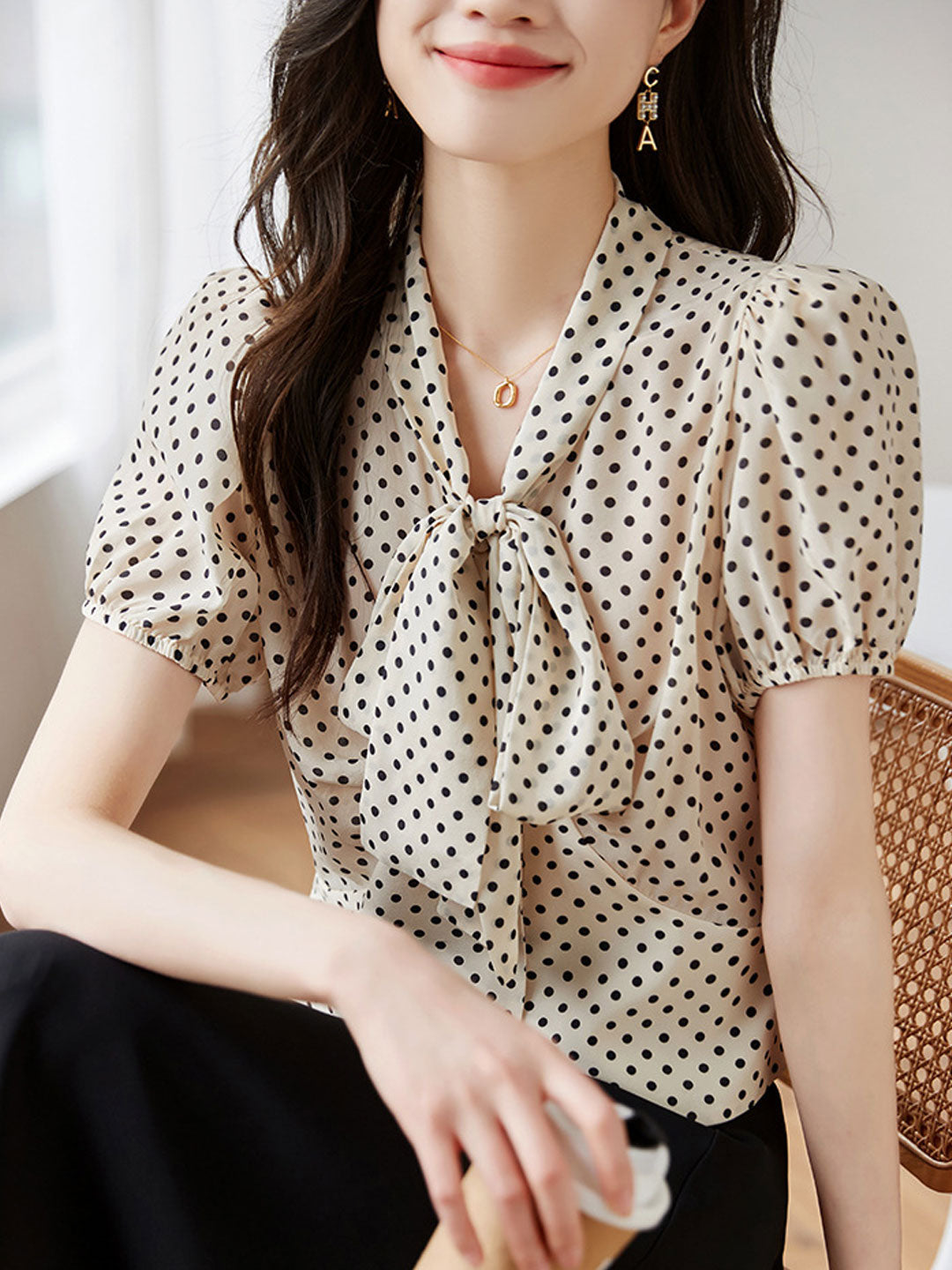 Molly Loose Polka Dot Bow Puff Sleeve Top