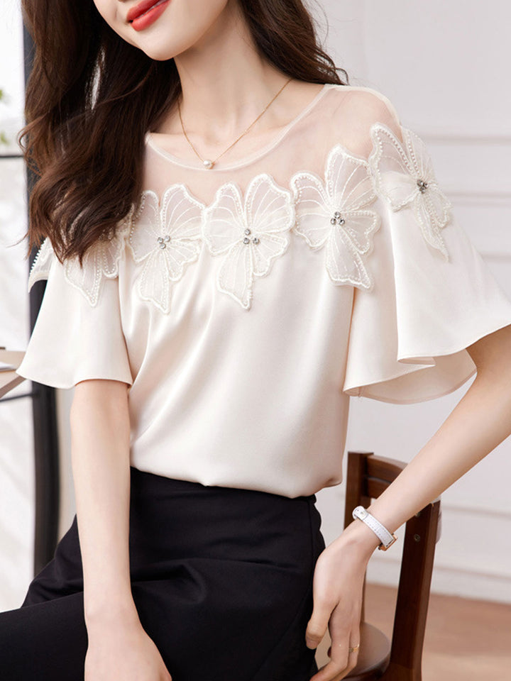 Ava Retro Mesh Splicing Beaded Flower Chiffon Top-Black