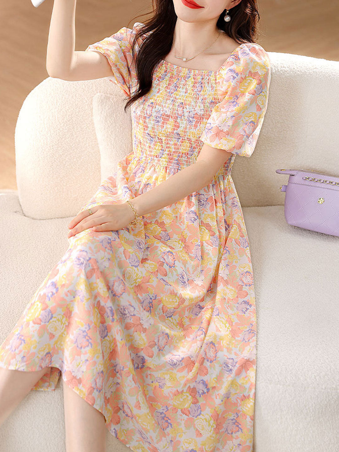 Sophia Retro Puff Sleeve Floral Dress