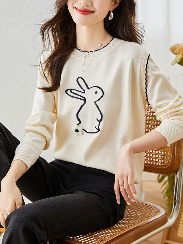 Kayla Casual Rabbit Printed Knitted Pullover Sweater