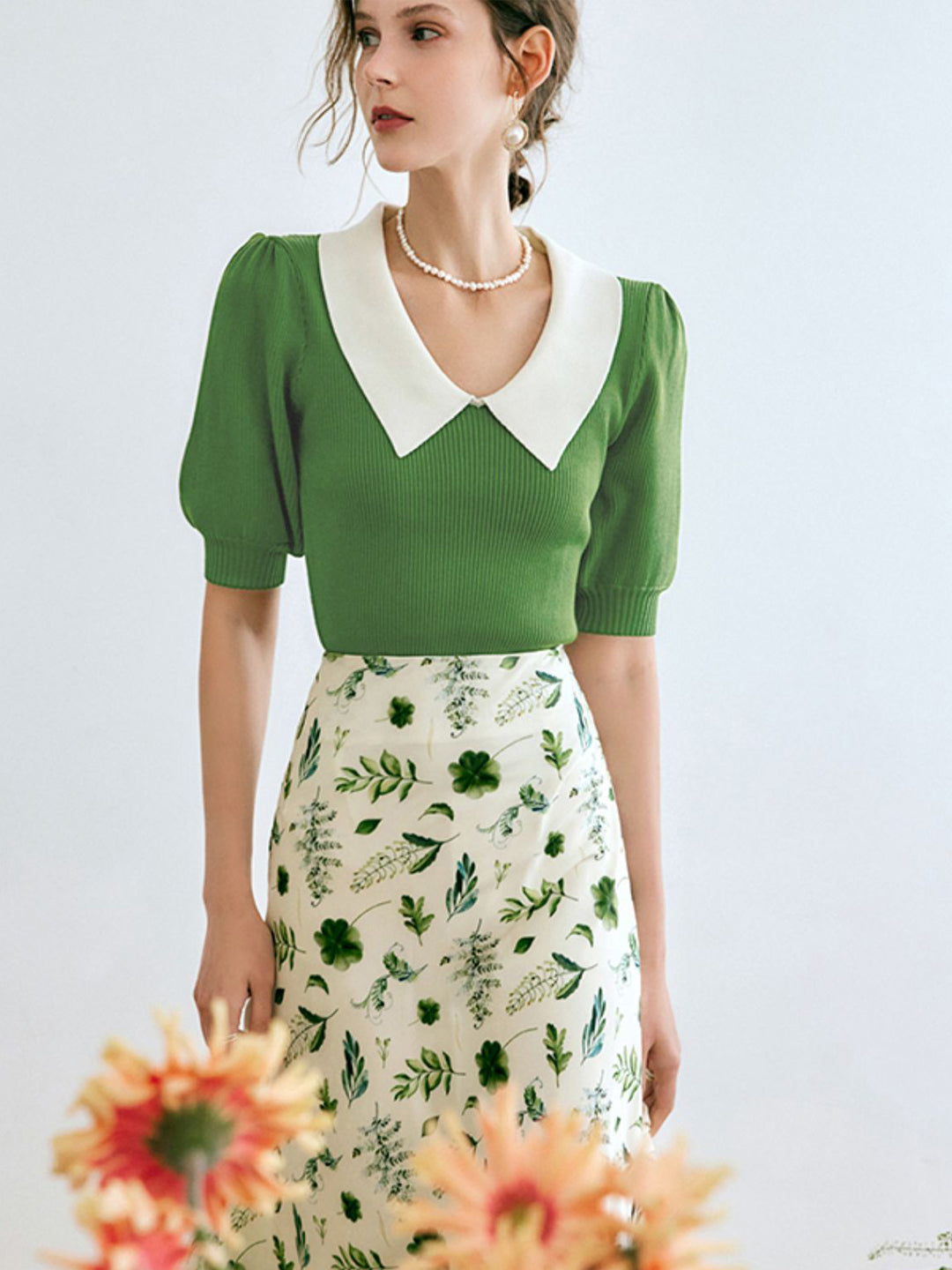 Alexis Retro Lapel Puff Sleeve Knitted Tops-Green