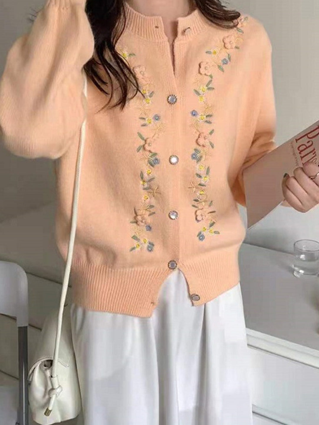 Chloe Casual  Embroidered Crew Neck Cardigan