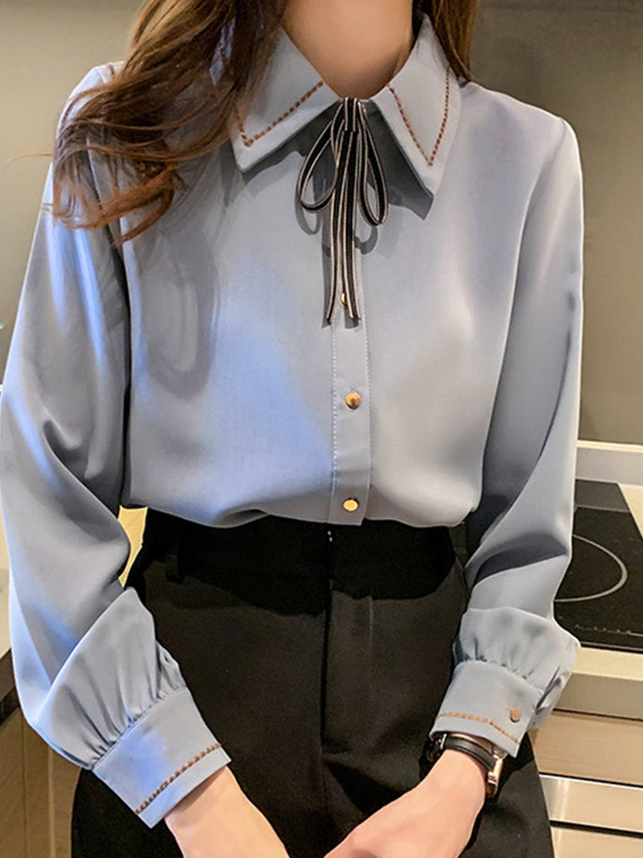 Elizabeth French Style Chiffon Bow Tie Lapel Blouse Shirt