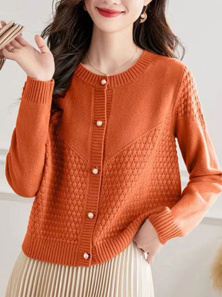 Sophia Loose Crew Neck Knitted Sweater Cardigan-Orange