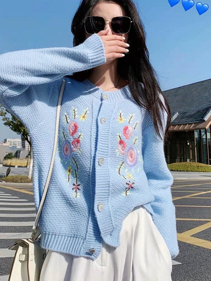 Hannah Casual Embroidery Floral Knitting Sweater-White