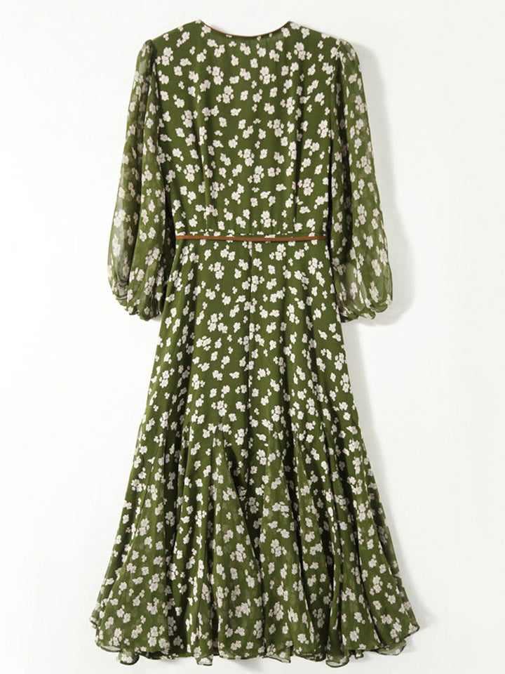 Molly Retro Floral Wrap Waisted Dress-Green