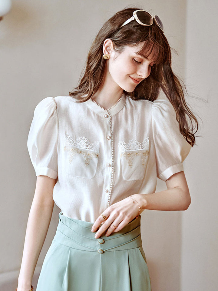 Sarah French Elegant Puff Sleeve Embroidered Blouse