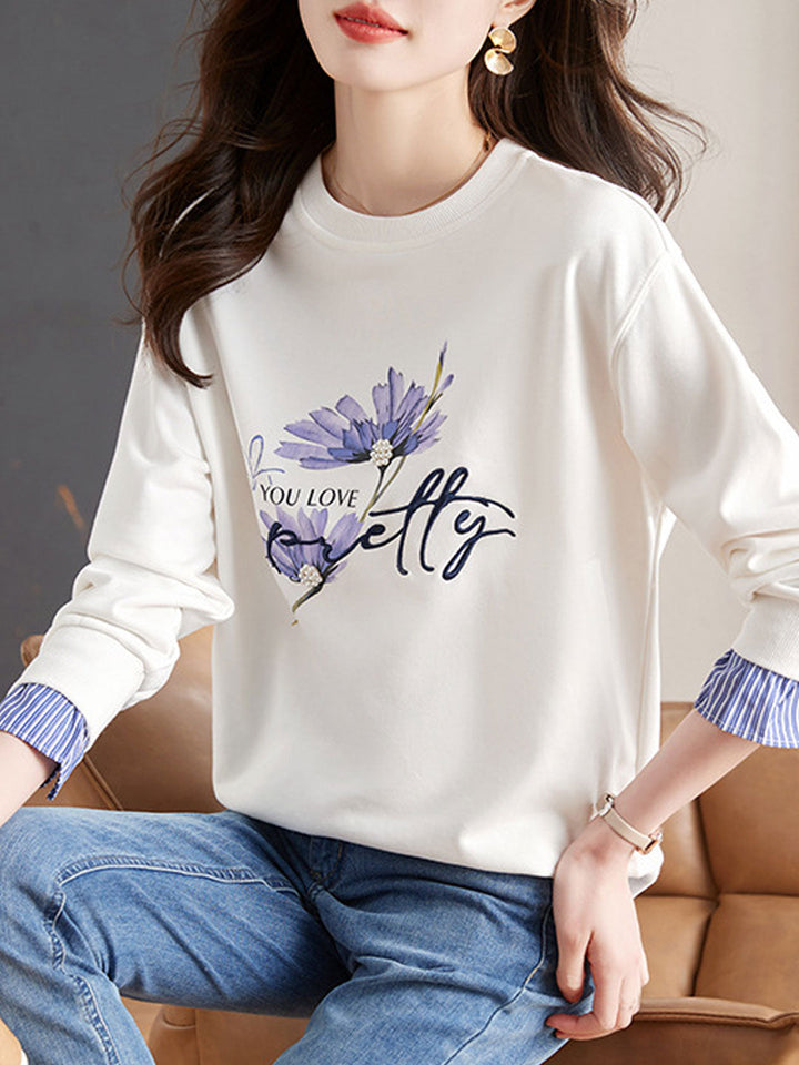 Kayla Crew Neck Beaded Printed Sweatshirt