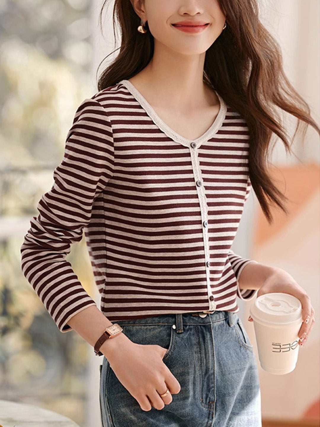 Julia Classic Crew Neck Striped Lace Top