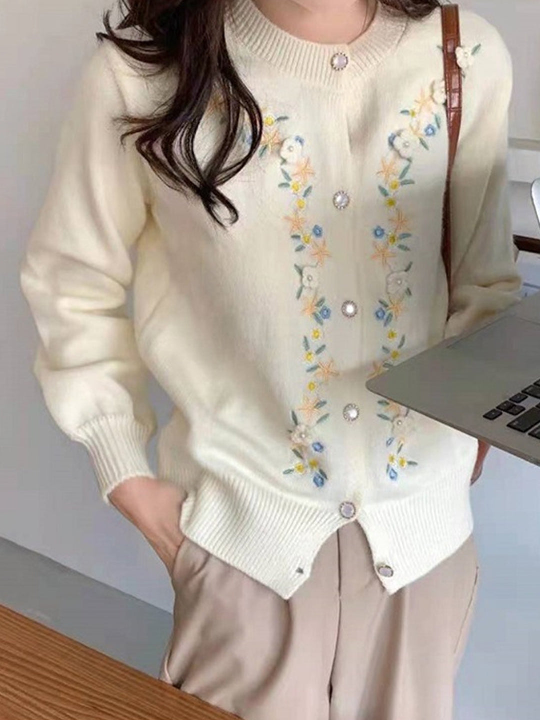 Chloe Casual  Embroidered Crew Neck Cardigan