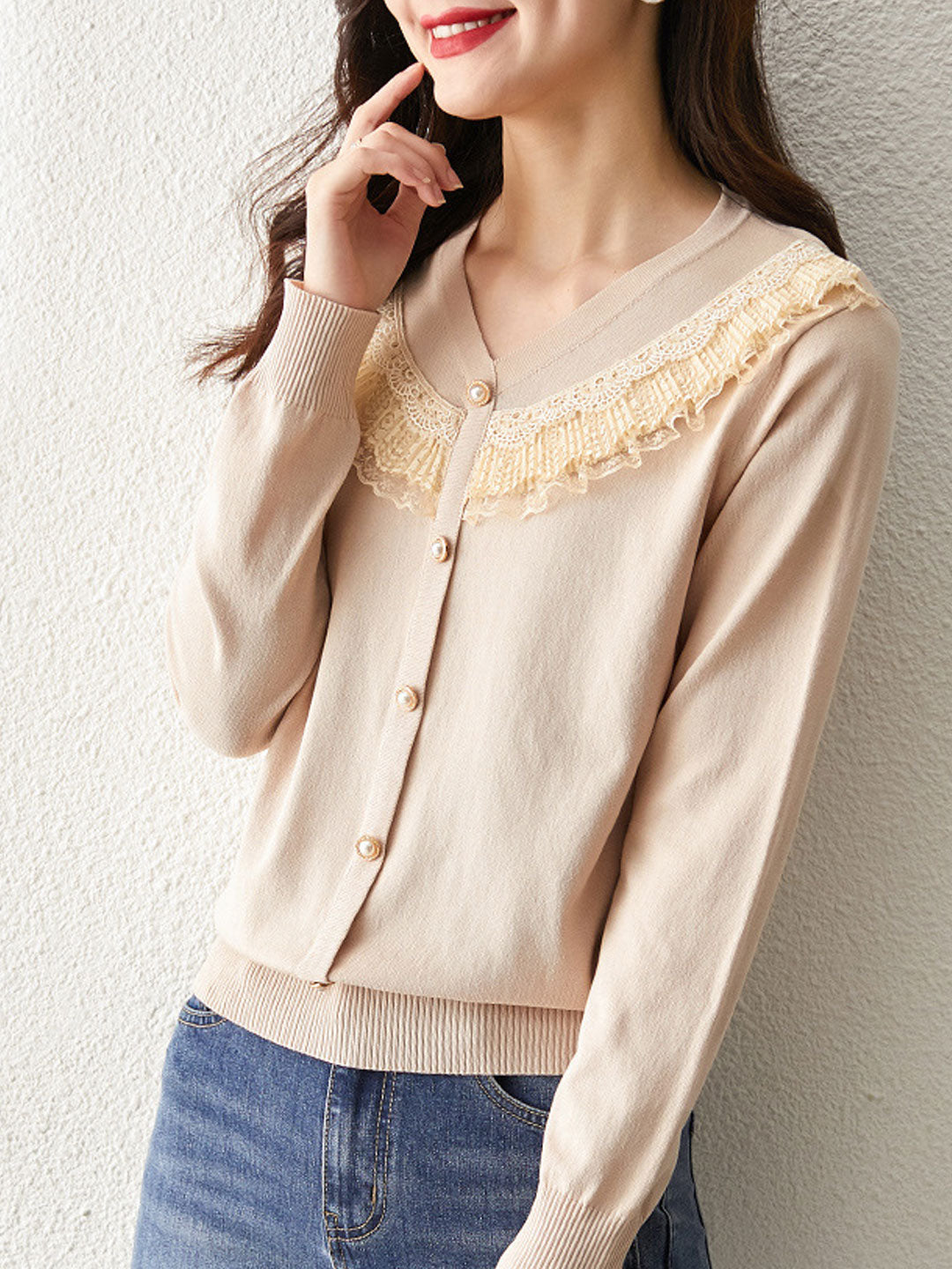 Jessica Retro V-neck Lace Knitted Sweater