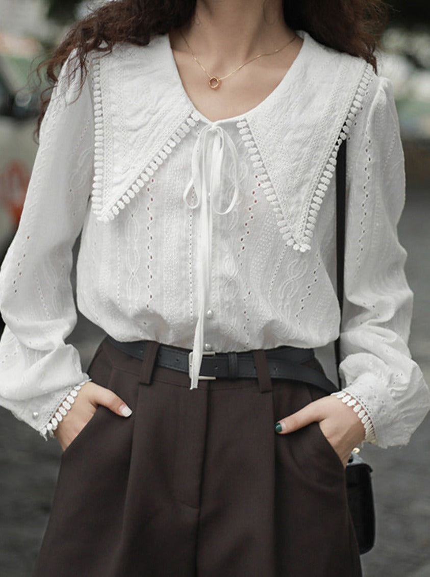 Abby Casual Doll Collar White Embroidered Blouse