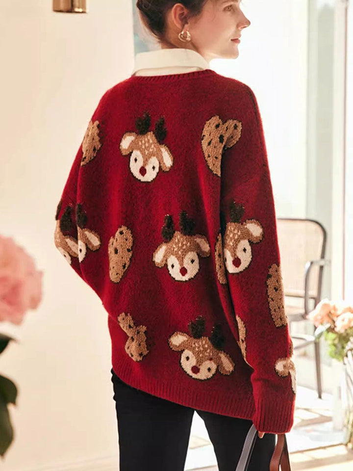 Anna Retro Crew Neck Elk Jacquard Knitted Sweater