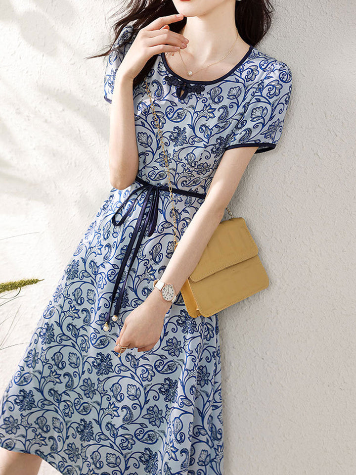 Maria Retro Printed Slim Tie Dress