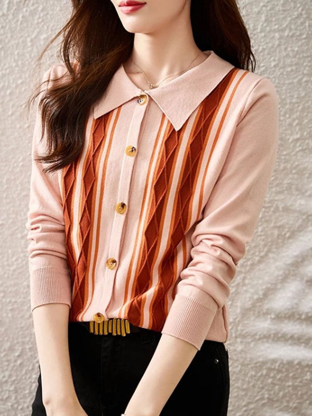 Ava Casual Lapel Striped Knitted Cardigan