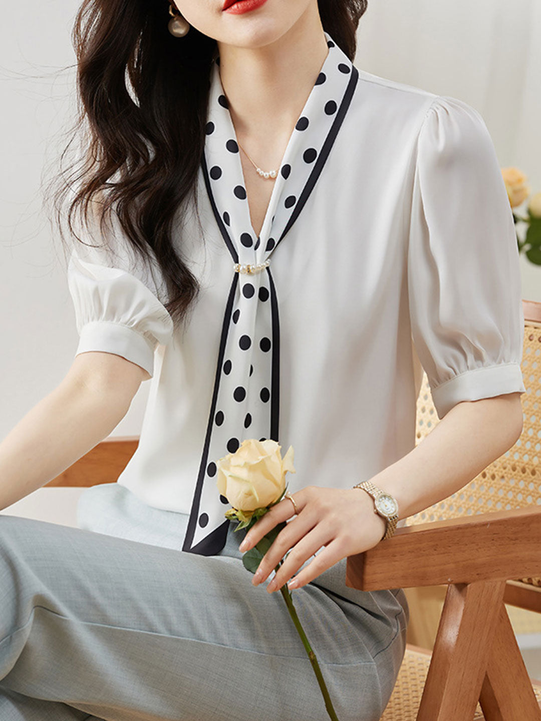 Kaitlyn Classic Printed Bow Satin Shirt-White