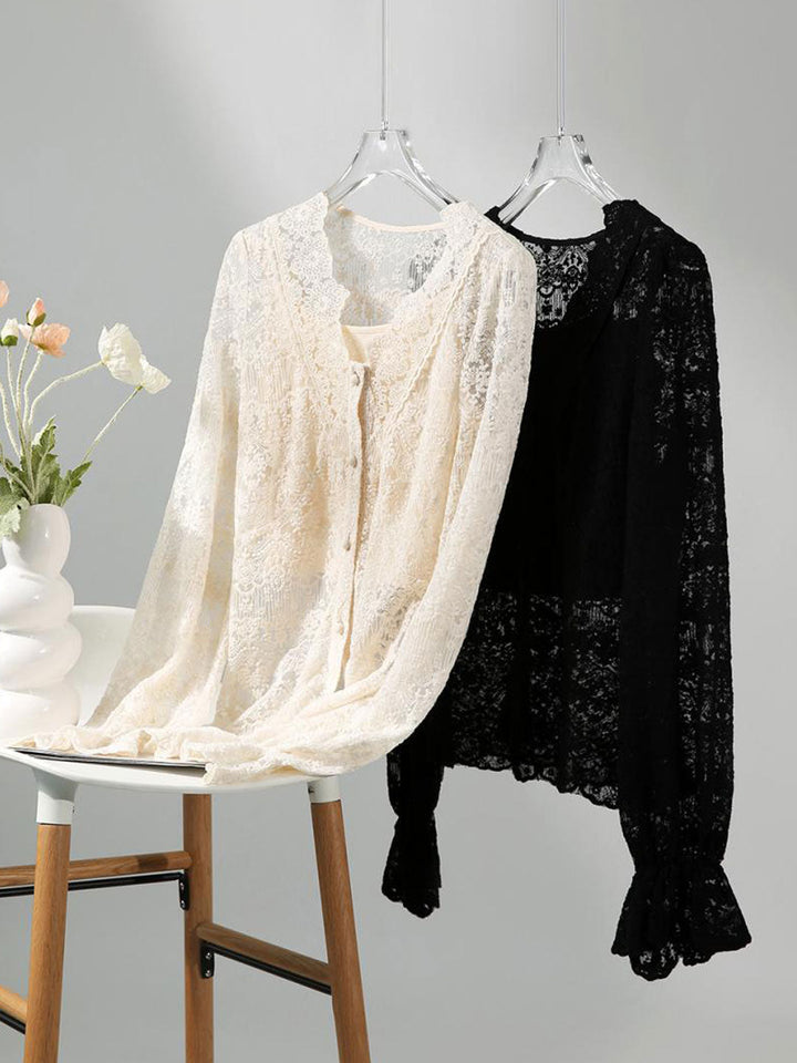 Khloe Elegant V-Neck Lantern Sleeve Lace Top