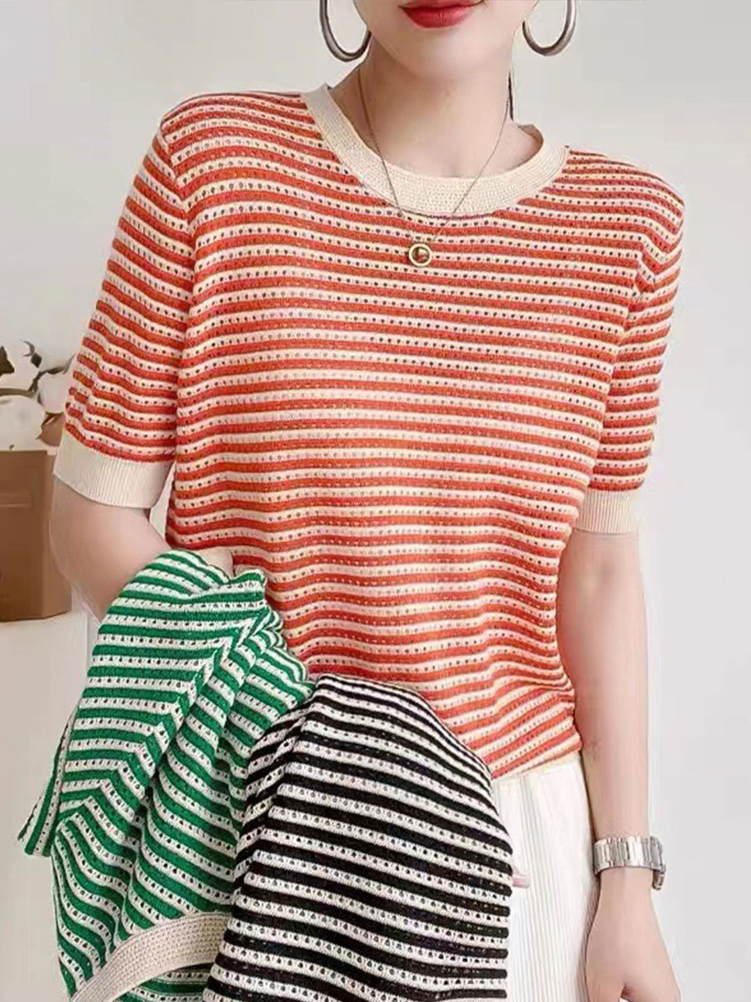 Alyssa Casual Crew Neck Hollowed Striped Top