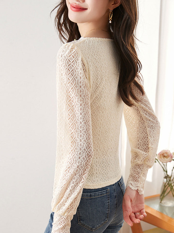 Mia Retro V-Neck Hollowed Balloon Sleeve Lace Blouse