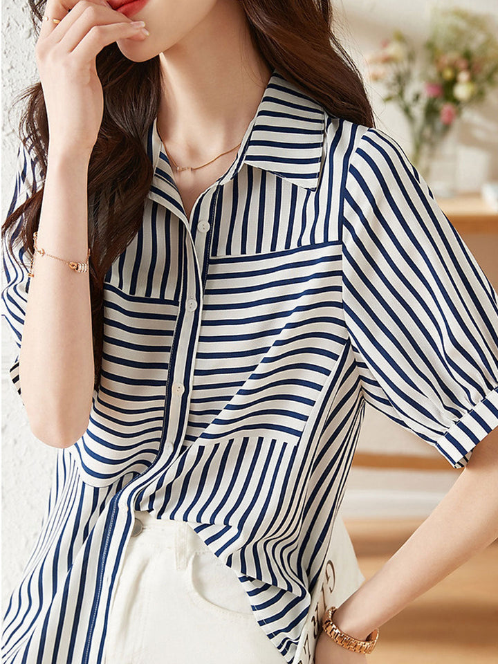 Sophia Casual Blue and White Striped Chiffon Shirt