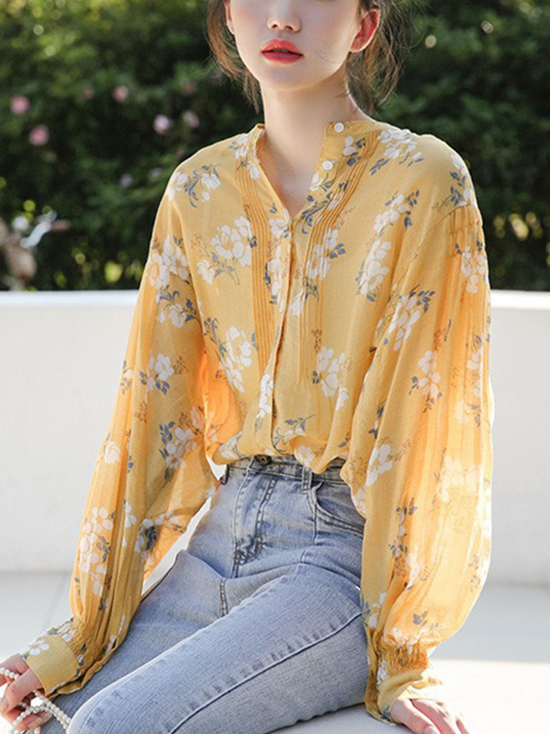 Olivia Vintage Puff Sleeve Floral Chiffon Top